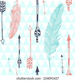 Seamless pattern with feather and arrows 