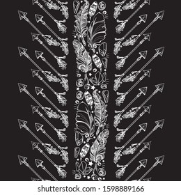 Seamless pattern with feather, arrows, crystals and beads. Beautiful abstract Hand drawn striped pattern. White line isolated on black background. Magic fairytale theme. Vector illustration.