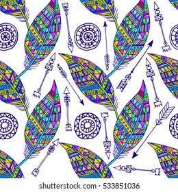 Seamless pattern with feather and arrows in vector