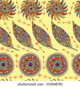 Seamless pattern with feather and arrows in vector. hand drawn doodle . eps10.