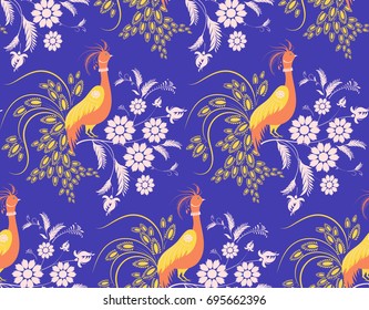 Seamless pattern with a feather of a bird squatting on a flower