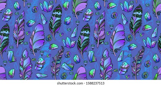Seamless pattern with feather and colorful crystals gems. Beautiful Hand drawn crystals on blue background. Abstract Rainbow  multicolored gem stones. Magic fairytale theme. Vector illustration