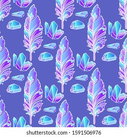 Seamless pattern with feather and colorful crystals gems. Beautiful Hand drawn crystals on blue background. Abstract Rainbow  multicolored gem stones. Magic fairytale theme. Vector illustration