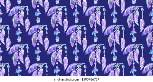 Seamless pattern with feather and colorful crystals gems. Beautiful Hand drawn crystals on blue background. Abstract Rainbow  multicolored gem stones. Magic fairytale theme. Vector illustration