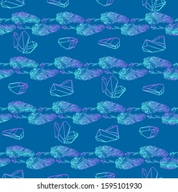 Seamless pattern with feather and colorful crystals gems. Beautiful Abstract Rainbow Hand drawn striped pattern isolated on blue background. Magic fairytale theme. Vector illustration.