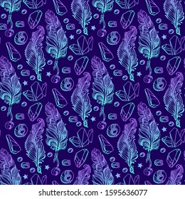 Seamless pattern with feather, colorful crystals gems and beads. Beautiful Abstract Rainbow Hand drawn pattern isolated on blue background. Magic fairytale theme. Vector illustration.