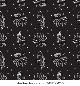 Seamless pattern with feather and crystals gems. Beautiful abstract Hand drawn pattern. White line isolated on black background. Magic fairytale theme. Vector illustration.