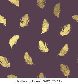 Seamless pattern feather gold with violet background.