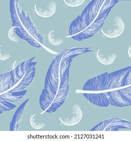 Seamless pattern with feather. Repeating image for printing on bed linen or gift wrapping paper. Stylish and luxury elements, background for poster or banner. Cartoon flat vector illustration