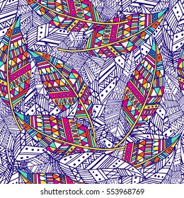 Seamless pattern with feather in vector. hand drawn doodle