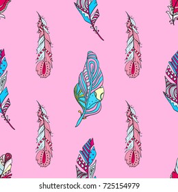 Seamless pattern with feathers. Abstract geometric wallpaper. Feather. Design Zentangle. Hand drawn feather with abstract patterns. Print for textiles, fabrics, polygraphy, posters. Zen art