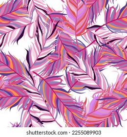 Seamless pattern with feathers. Abstract tropical palm leaves. Design for fabric, textile print, wrapping paper, cover. Vector illustration