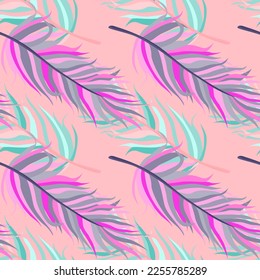 Seamless pattern with feathers. Abstract tropical palm leaves. Design for fabric, textile print, wrapping paper, cover. Vector illustration