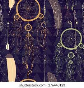 Seamless pattern with feathers, arrows and dream catchers. Hand drawn vector. 