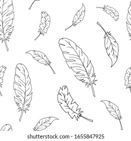 Seamless pattern with feathers. Seamless background. Contour drawing. Vector illustration. Flat.