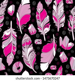 Seamless pattern of feathers, beads and crystals. Tribal ethnic items isolated on lblack background. Hand drawn abstract doodle feather texture. Vintage vector illustration for your cover or print.
