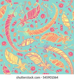 Seamless pattern with feathers, beads and keys in boho style. Pink, orange and yellow on turquoise background.
