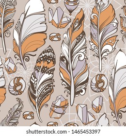 Seamless pattern of feathers, beads and tassels. Tribal ethnic items isolated on grey background. Hand drawn abstract doodle feather texture. Vintage vector illustration for your cover or print.