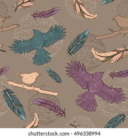 Seamless pattern with feathers, birds and ornaments