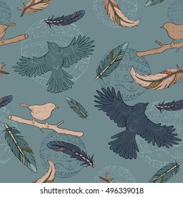 Seamless pattern with feathers, birds and ornaments