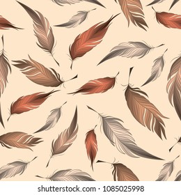 Seamless pattern of feathers in boho style. Can be used for t-shirt print, fashion print design, kids wear, baby shower, greeting and postcard. Vector illustration. Eps 10