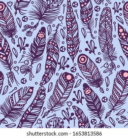 Seamless pattern with feathers in boho style, vector illustration. Wrapping paper with graphic doodles, ethnic feather ornaments. Hand drawn decorative texture for print on textile, fabric or paper