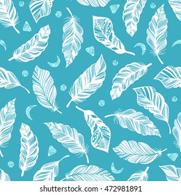 Seamless pattern with feathers. Boho style. Gypsy love. Hippie background. Vector illustration. Textile, fashion, fabric, wrapping texture.