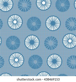 Seamless pattern with feathers chamomiles in striped background.