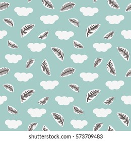 Seamless pattern with feathers and clouds. Vector illustration.