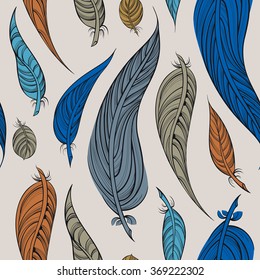 Seamless pattern with feathers. Colorful background.