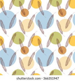 Seamless pattern with feathers and colorful circles. Hand drawn Vector illustration.