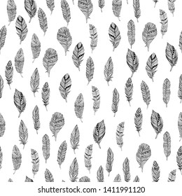 Seamless pattern with feathers. Drawn with  ink and pen. For fabric, paper, cards, invitations, envelopes, save the date and other.