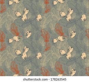 Seamless Pattern with Feathers Eggs. Vector illustration.