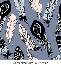 Seamless pattern with feathers. Endless texture for your design, announcements, postcards, posters.