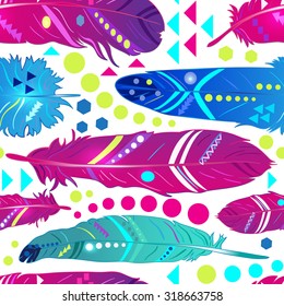 Seamless pattern with feathers in ethnic style, bright wallpaper