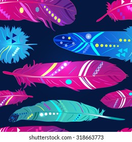 Seamless pattern with feathers in ethnic style, bright wallpaper