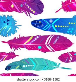 Seamless pattern with feathers in ethnic style, bright wallpaper