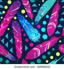 Seamless pattern with feathers in ethnic style, bright wallpaper