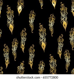 Seamless pattern with feathers in ethnic style - gold line art on a black background