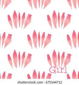 Seamless pattern Feathers flamingo . Hand drawing. Vector Illustration isolated on white background. The concept of modern design for girls.