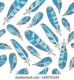 Seamless pattern with feathers floating. Design element for fabric, wallpaper or wrapping paper. Hand drawn style.