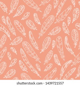 Seamless pattern with feathers floating. Design element for fabric, wallpaper or wrapping paper. Hand drawn style.