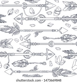 Seamless pattern of feathers, flowers and crystals. Tribal ethnic items isolated on white background. Hand drawn abstract doodle feather texture. Vintage vector illustration for your cover or print.