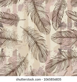 Seamless pattern with feathers. Freehand drawing. Can be used on packaging paper, fabric, background for different images, etc.