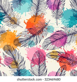 Seamless pattern with feathers. Freehand drawing