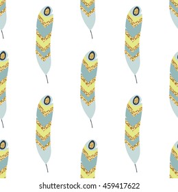 Seamless pattern with feathers. Gold elements. Vector illustration.