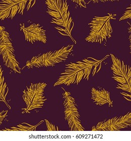 Seamless Pattern with Feathers golden on a Purple-violet  background. Vintage Artistically hand drawn stylized tribal feathers. Doodle Ink drawing. Boho style. Stock vector.