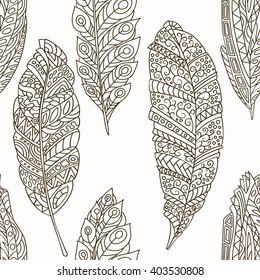 Seamless pattern of feathers hand-drawn in zentangl style. Vector graphics.