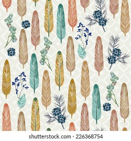 Seamless pattern with feathers and herbs with traditional American folk style