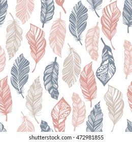 Seamless pattern with feathers isolated on white background. Boho style. Gypsy love. Hippie background. Vector illustration. Textile, fashion, fabric, wrapping texture.